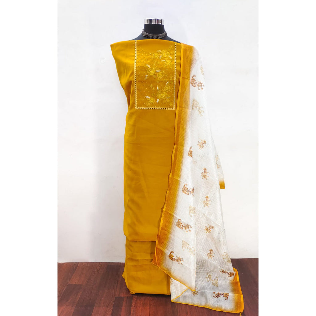 Mustard Viscose Dress Material With Stunning Floral Sequin Embroidery