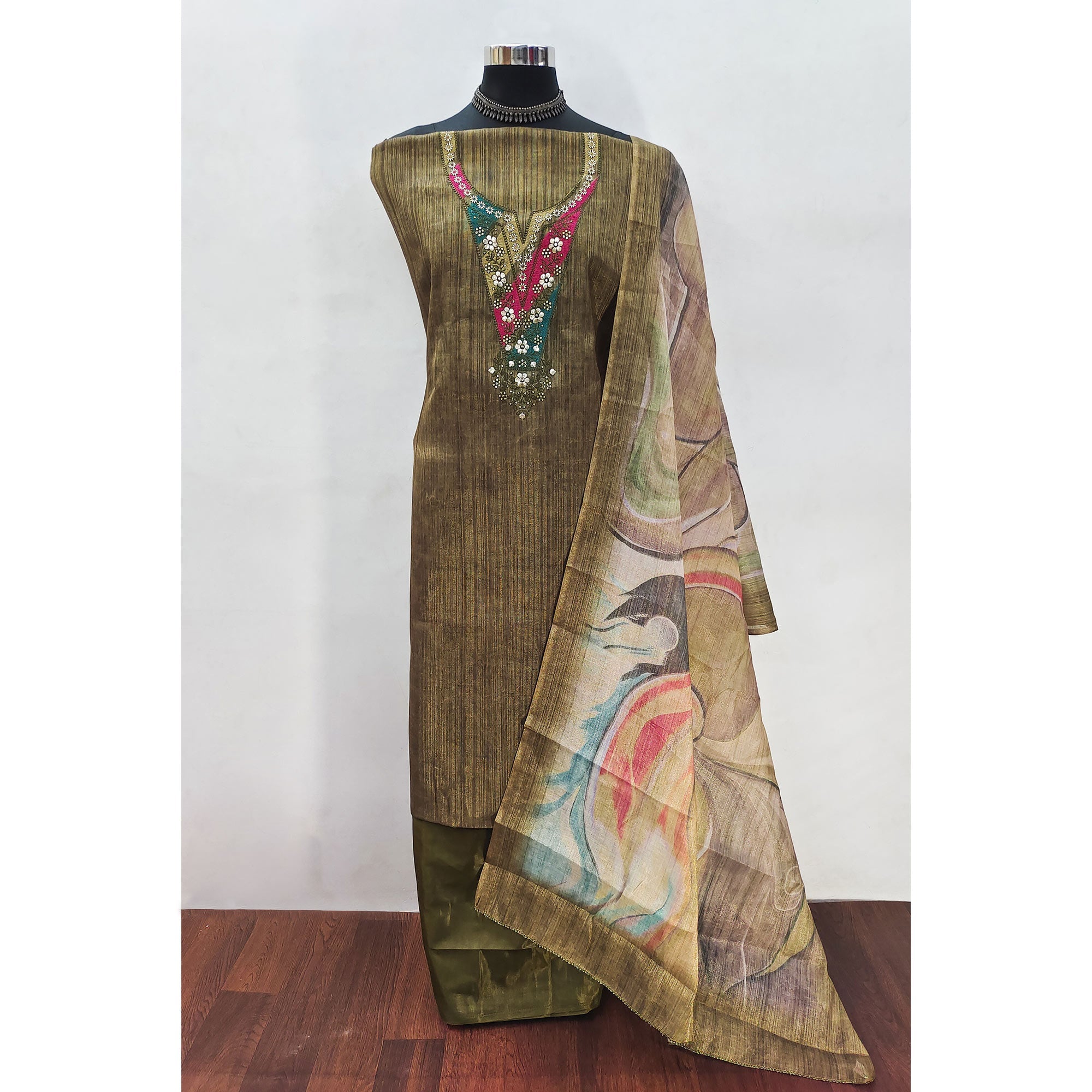 Green Art Silk Dress Material With Neck Embroidery