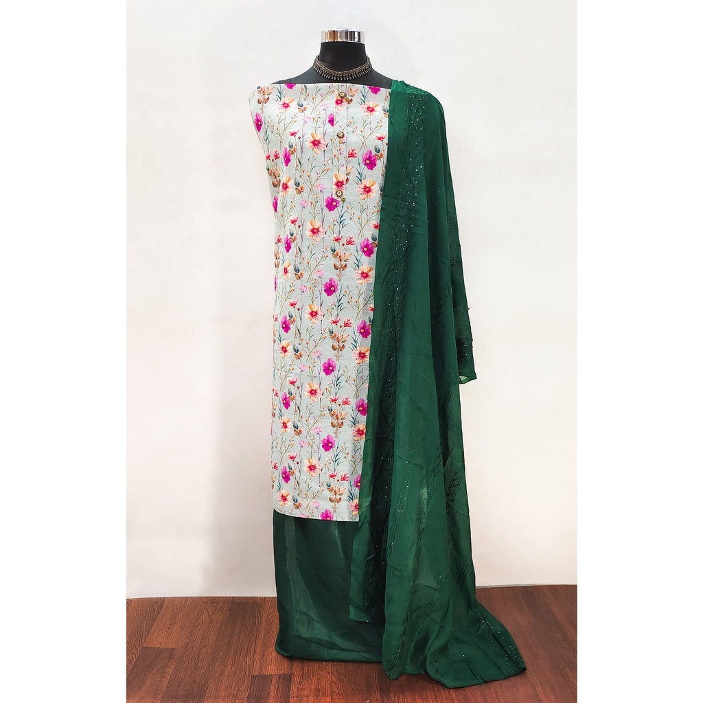 Green Linen Fabric with Serene Floral Patterns for Casual Looks
