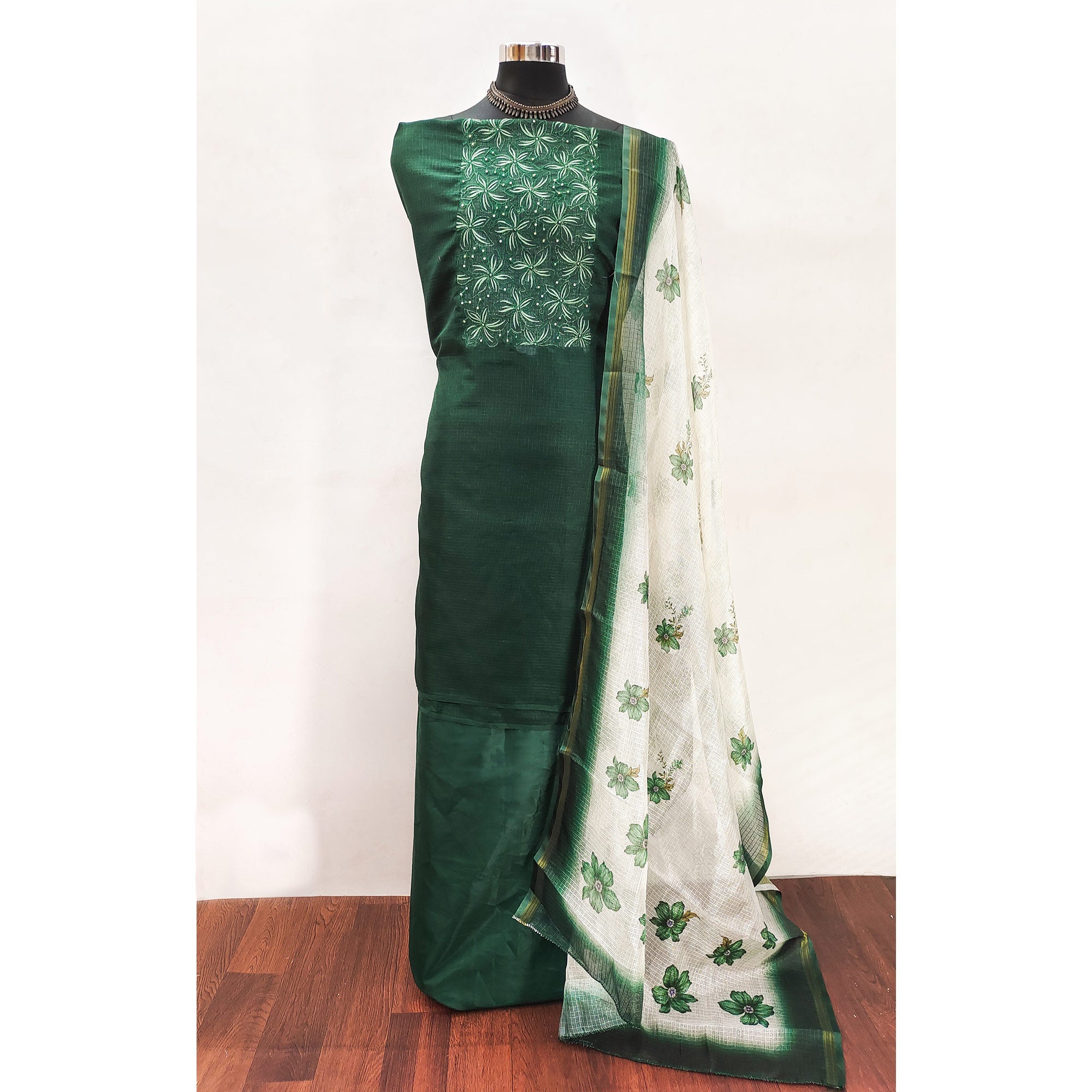 Green Unstitched Suit Material in Kota Doria with Floral Threadwork