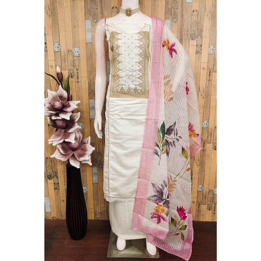 Off White Golden Thread Embroidered Viscose Dress Material
