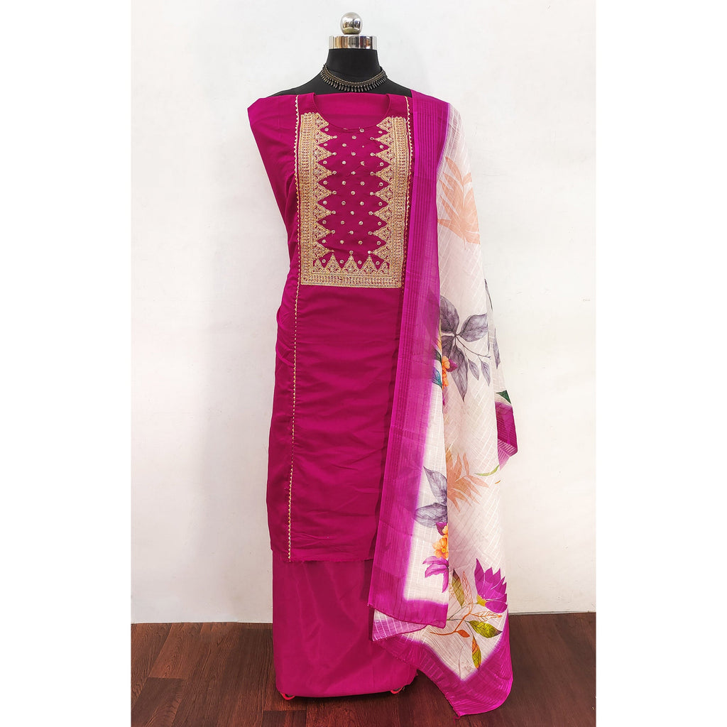 Pink Golden Thread Embroidered On Viscose Dress Material