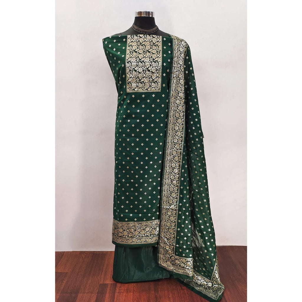 Luxurious Green Banarasi Silk With Floral Zari Weaving Work Dress Material