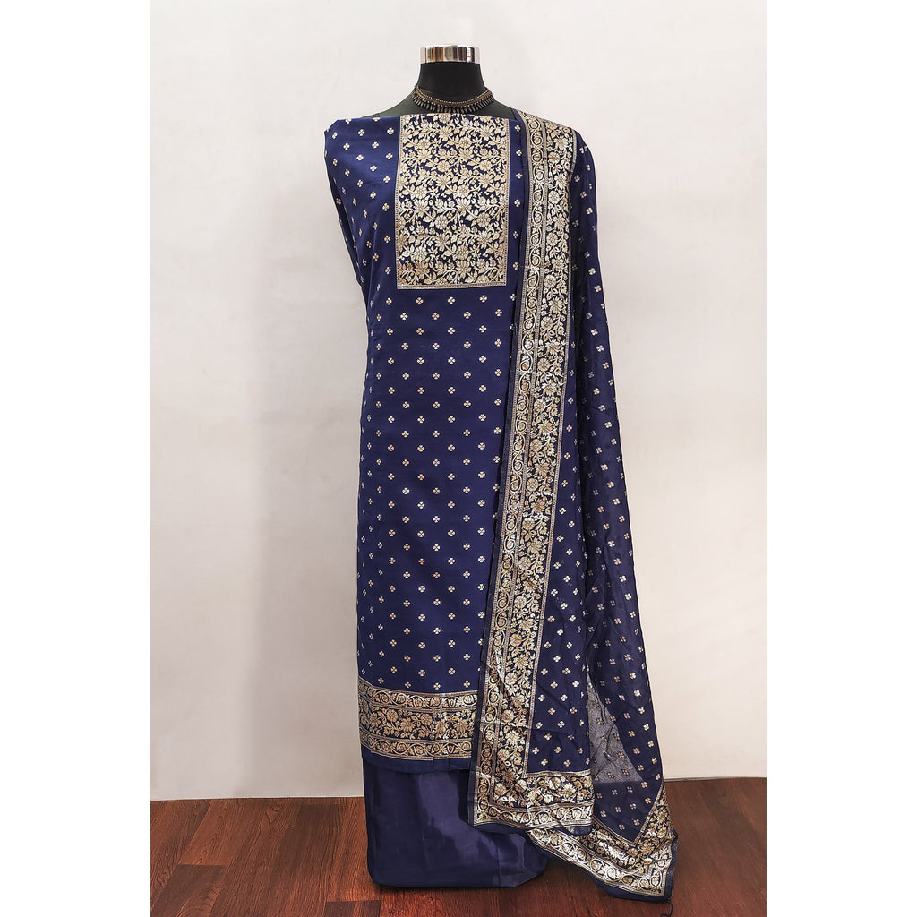 Ornate Navy Blue Banarasi Silk With Floral Zari Weaving Work Dress Material