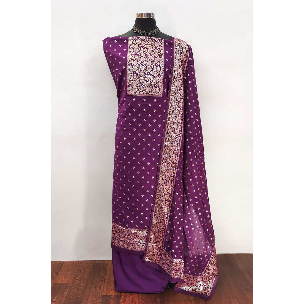 Opulent Wine Floral Zari Weaving Work Dress Material In Banarasi Silk