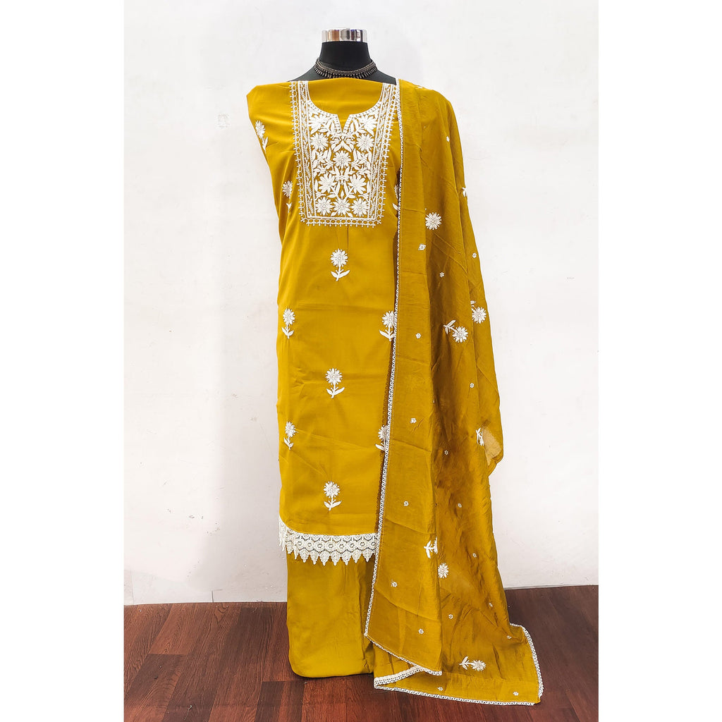Mustard Blossom Embroidered Viscose Fabric for Effortless Style