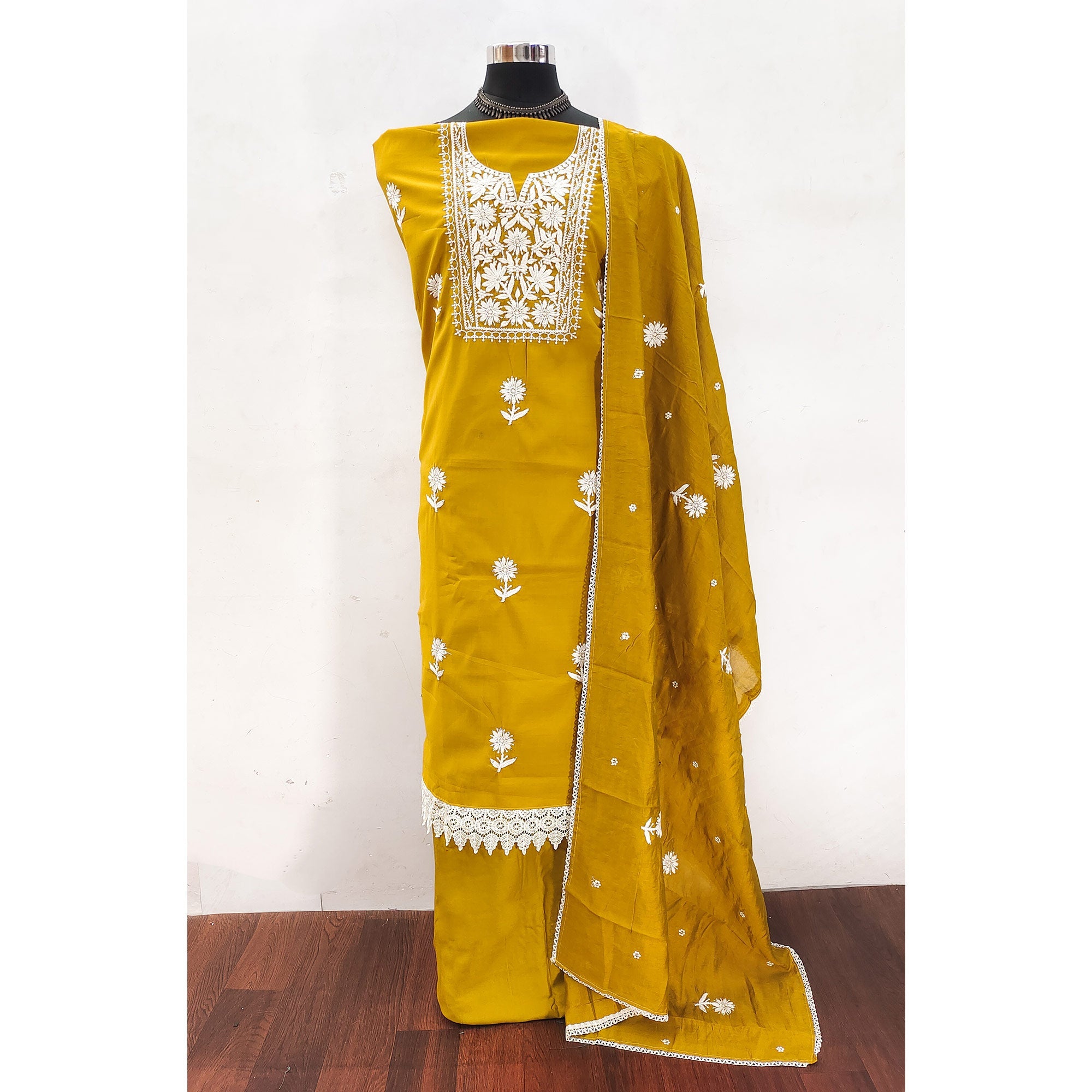 Mustard Blossom Embroidered Viscose Fabric for Effortless Style