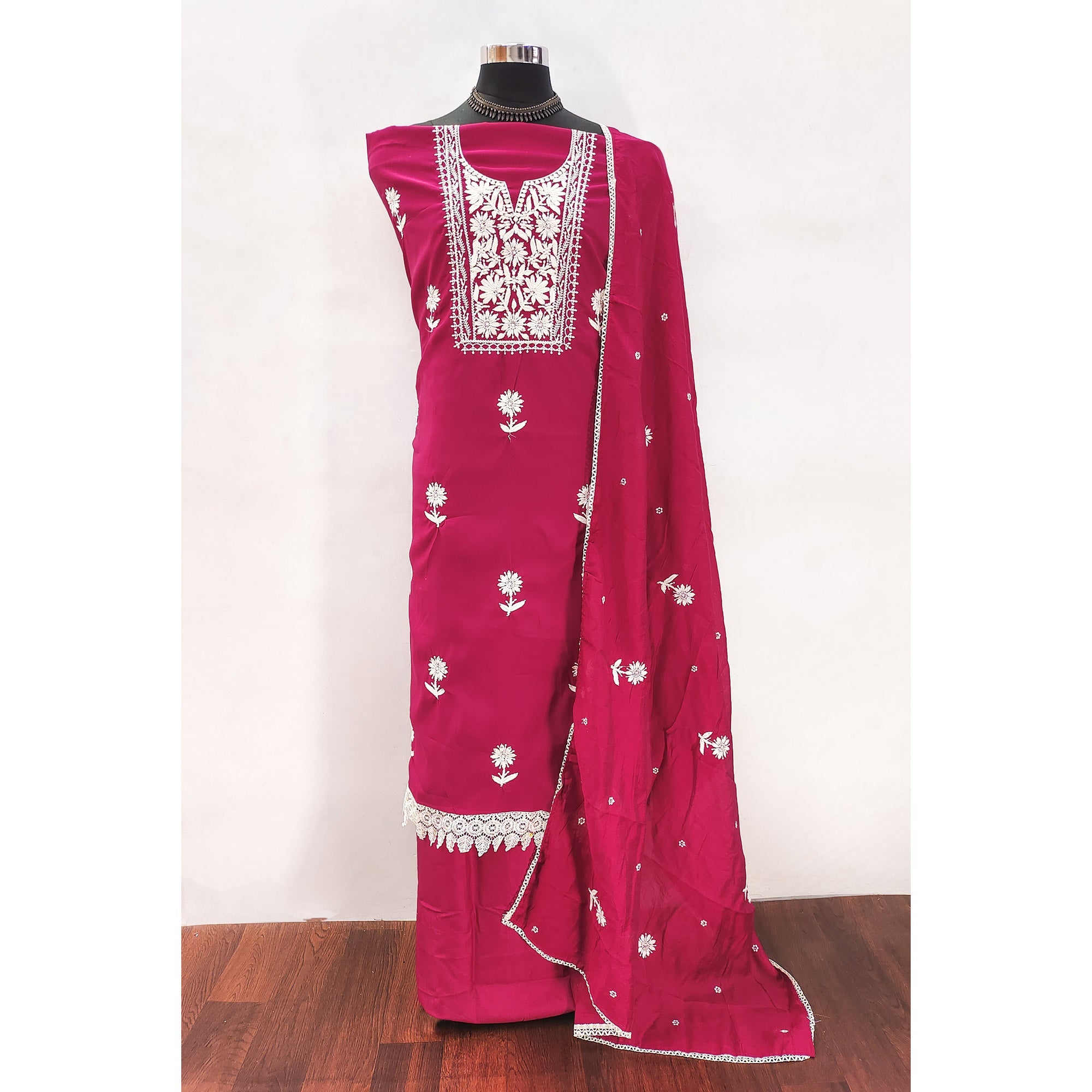 Pink Blossom Embroidered Viscose Fabric for Effortless Style