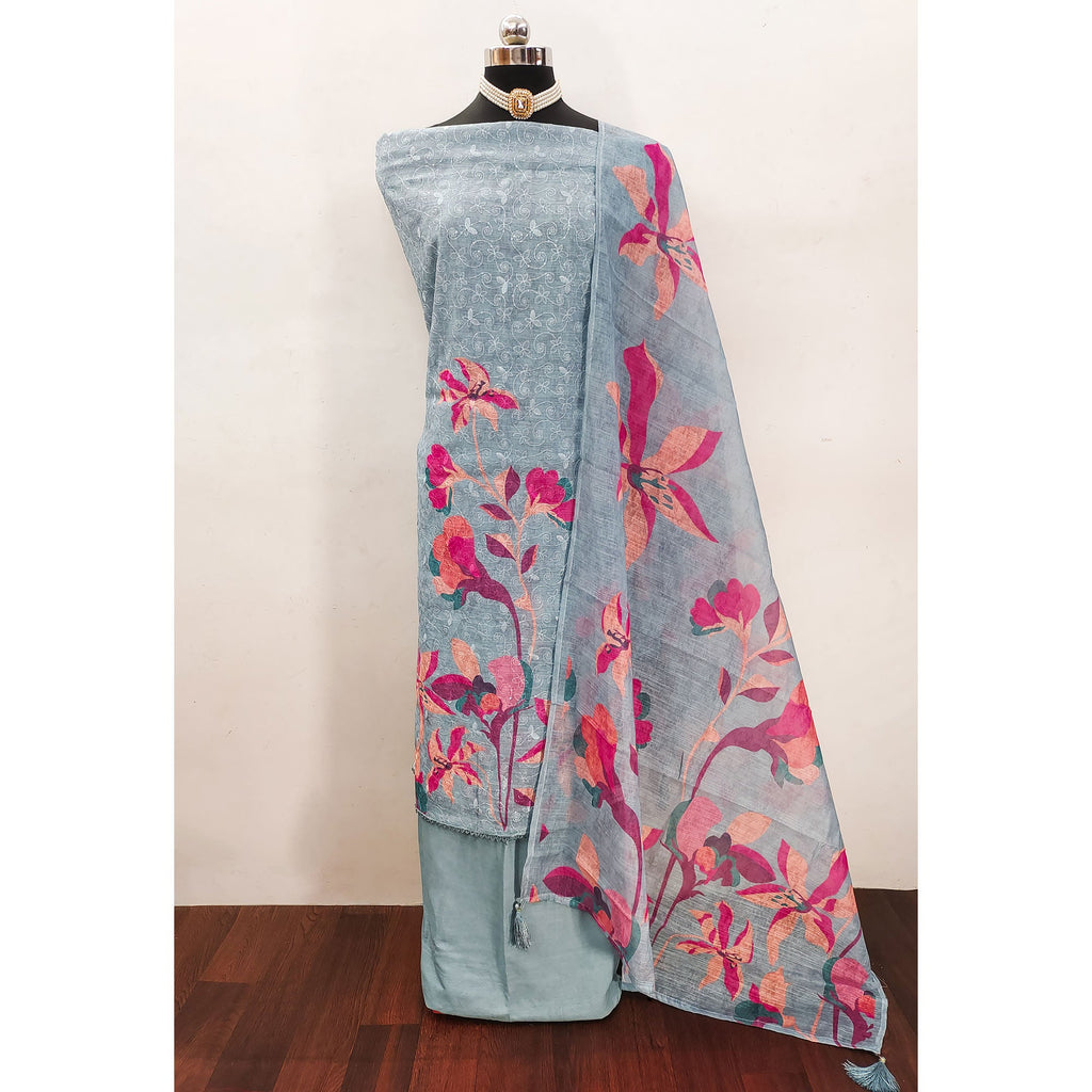 Grey Linen Dress Material Adorned with Artistic Floral Print and Elegant Thread Embroidery