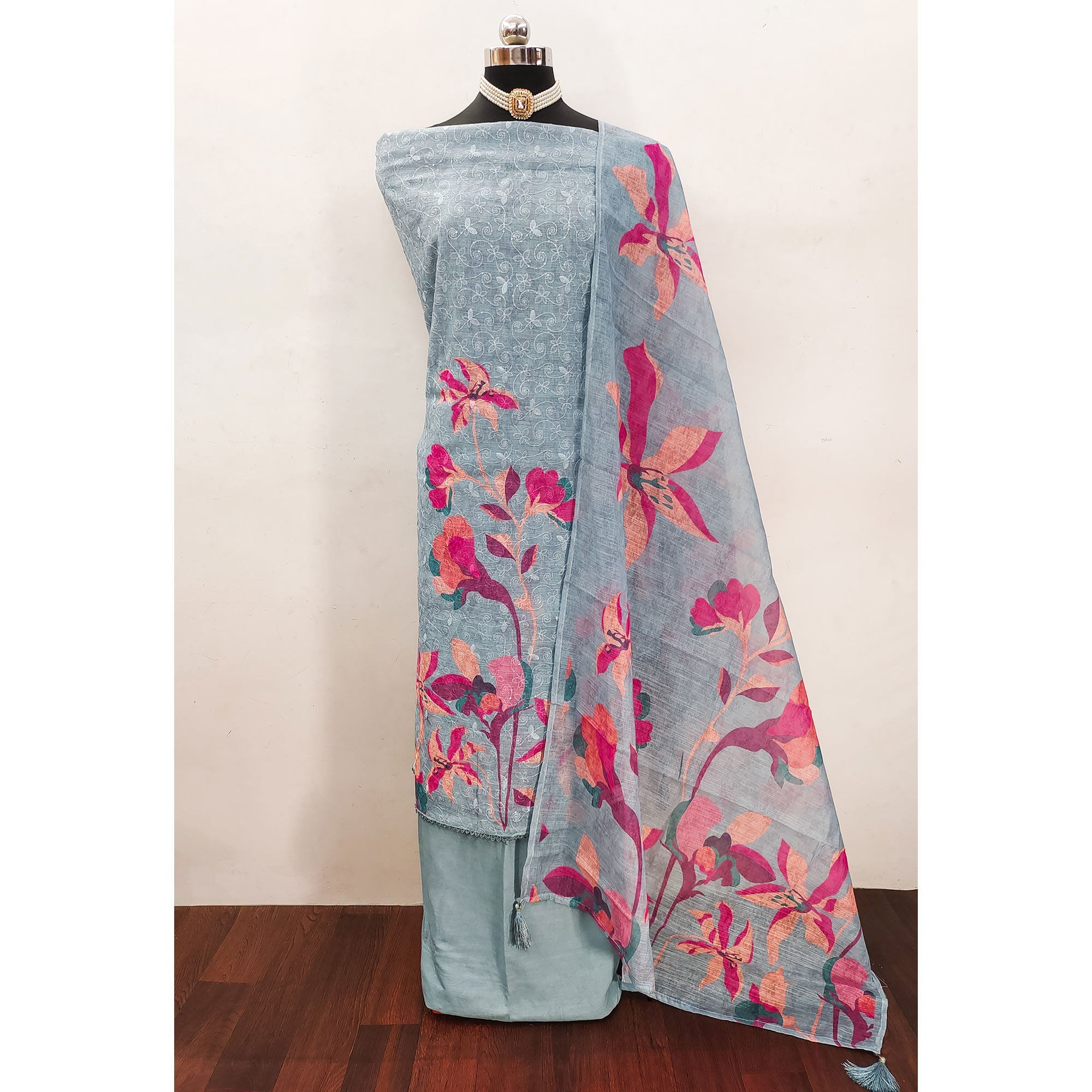 Grey Linen Dress Material Adorned with Artistic Floral Print and Elegant Thread Embroidery