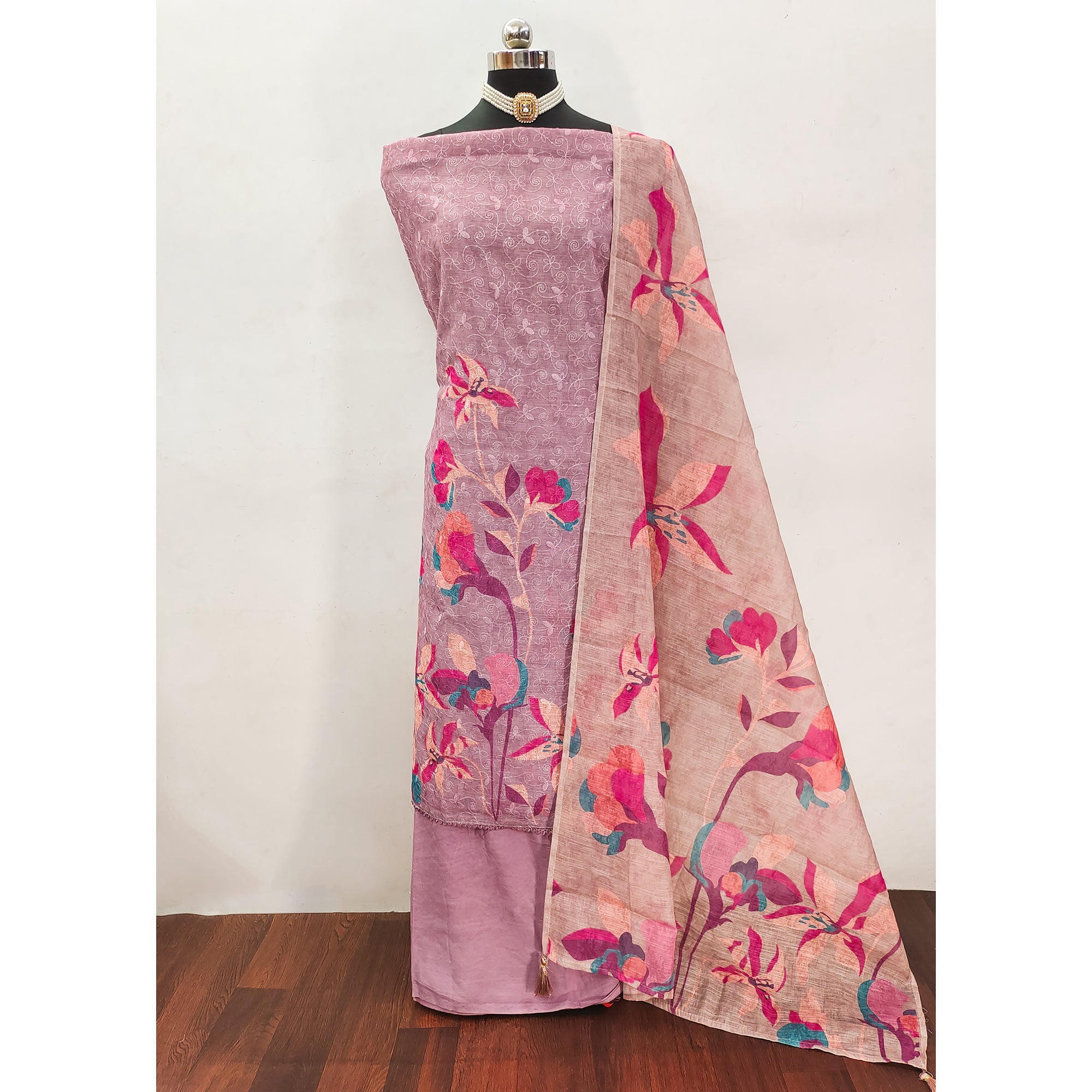 Mauve Linen Dress Material Adorned with Artistic Floral Print and Elegant Thread Embroidery