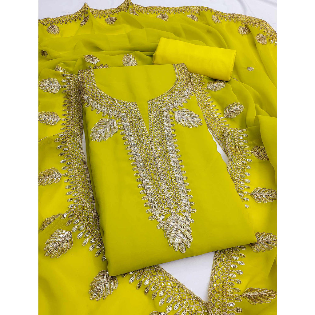 Lemon Green Ethnic Dress Material in Georgette with Embroidery