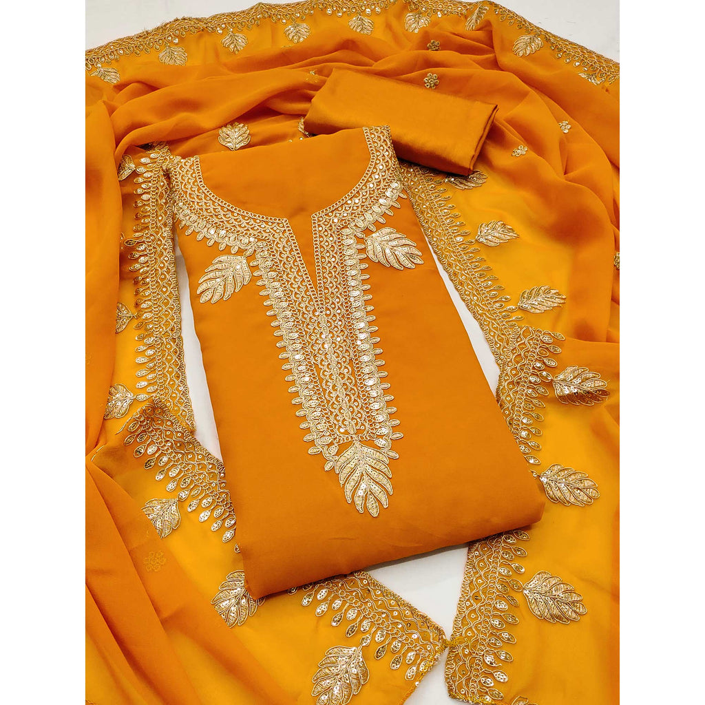 Orange Ethnic Dress Material in Georgette with Embroidery