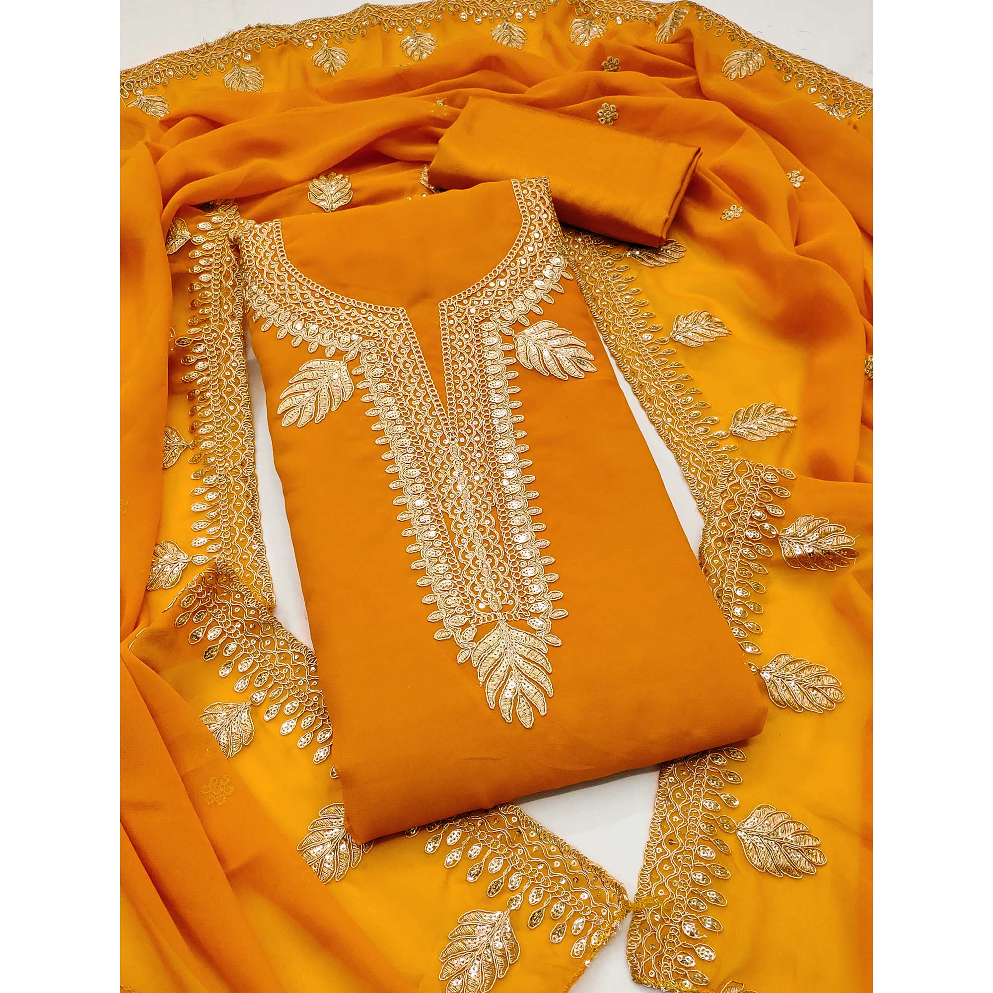 Orange Ethnic Dress Material in Georgette with Embroidery