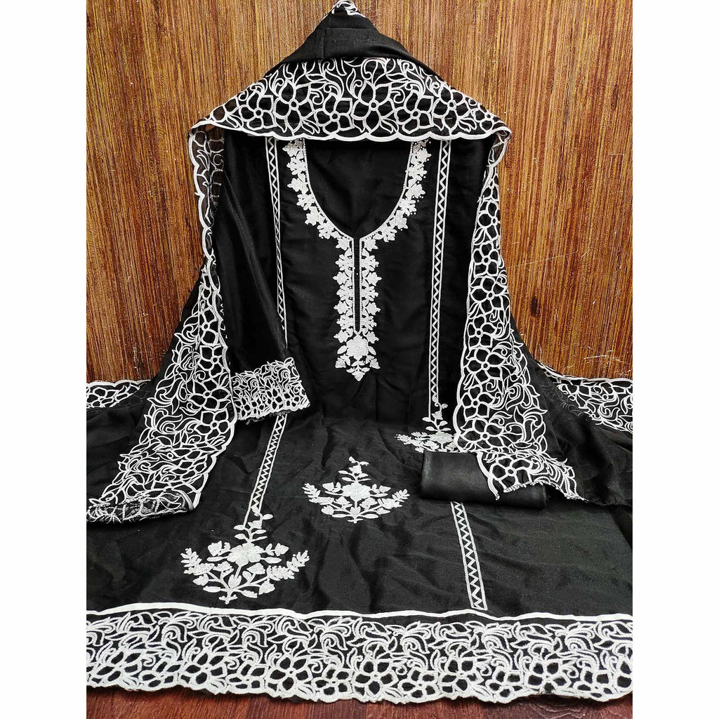 Black Unstitched Georgette Dress Material Featuring Thread Detailing