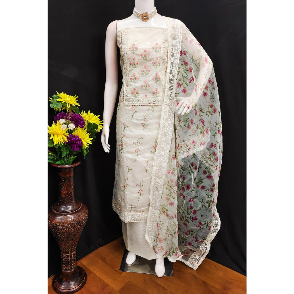 Off white Floral Heavy Embroidered Chanderi Silk Dress Material