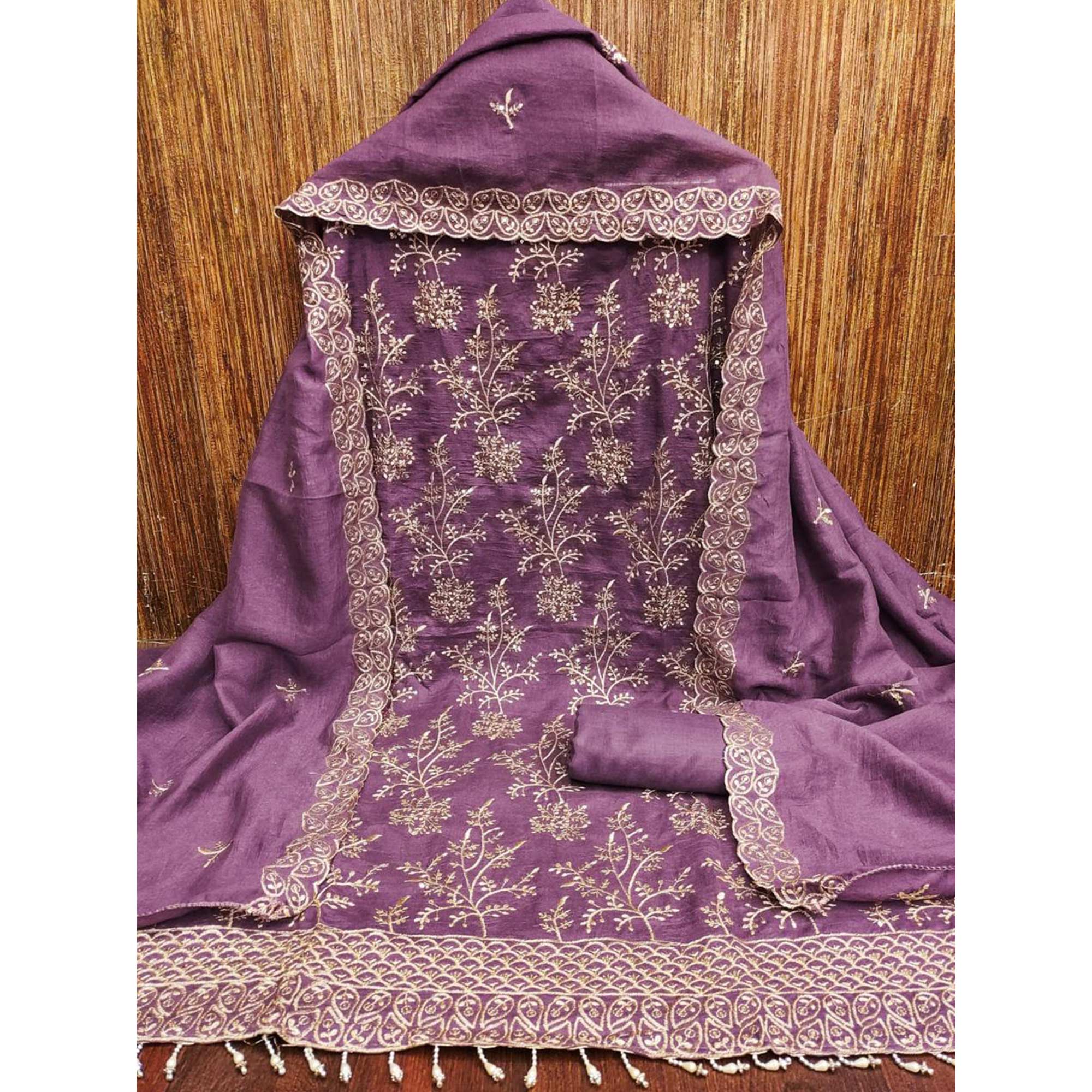 Lavender Vichitra Silk Dress Material with Sequins Embroidery