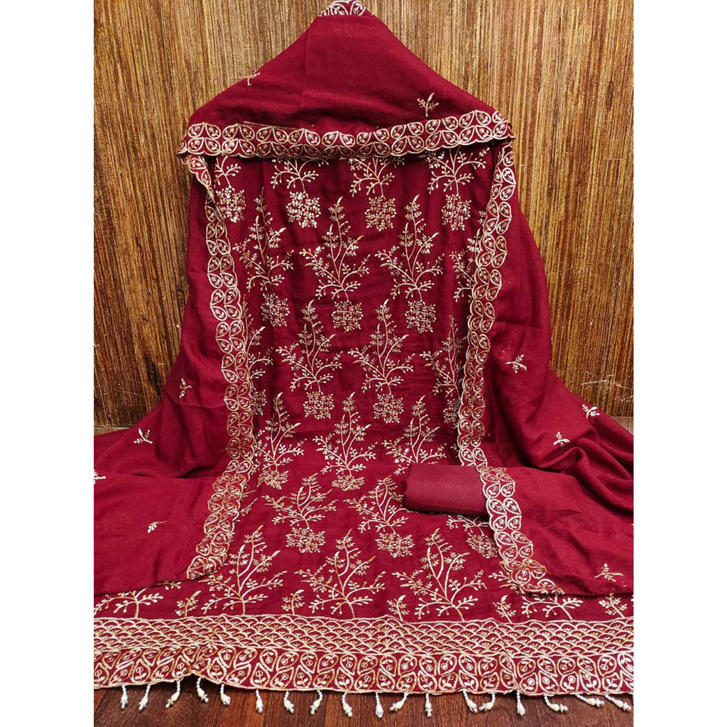 Maroon Vichitra Silk Dress Material with Sequins Embroidery