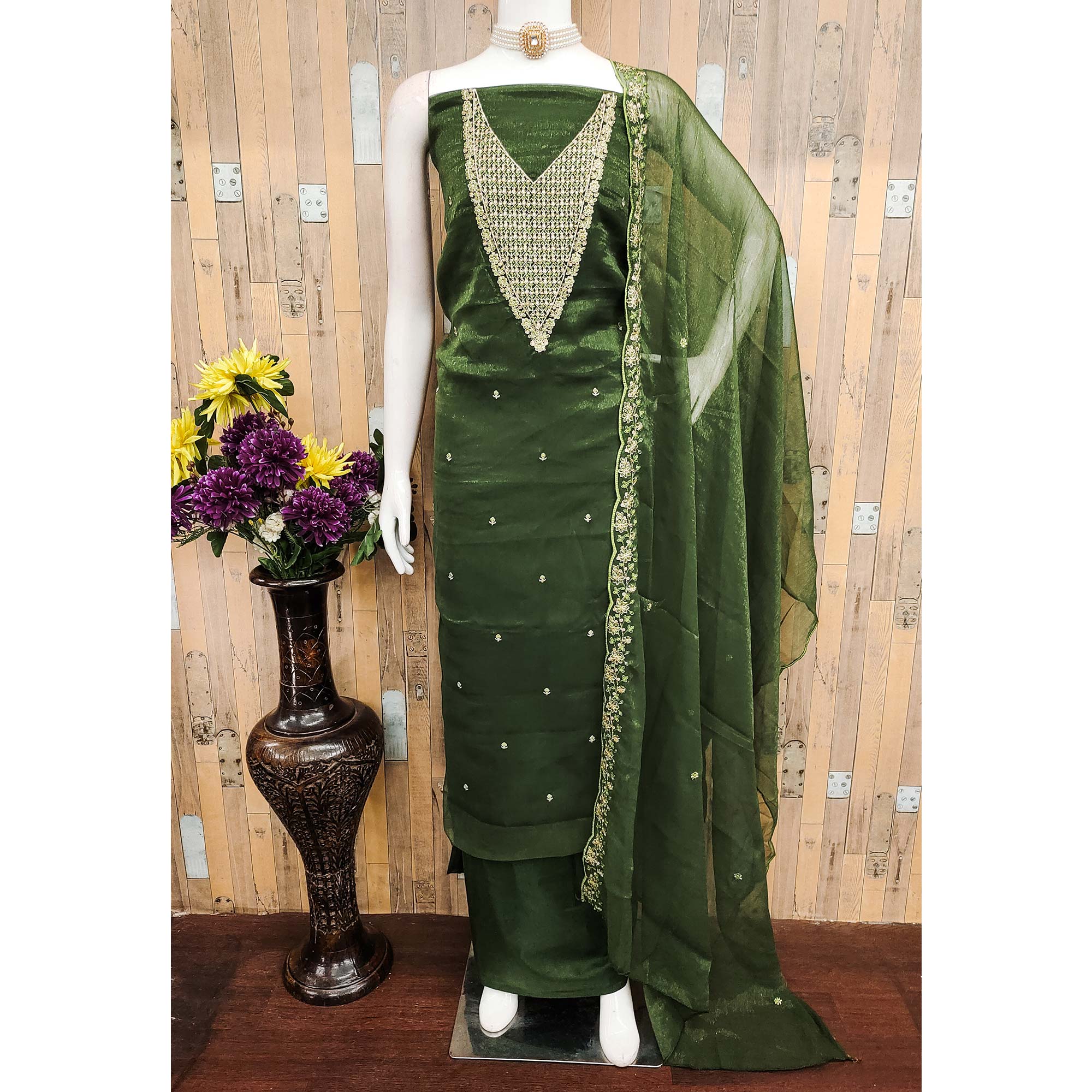 Green Party Wear Shimmer Dress Material with Floral Embellishment
