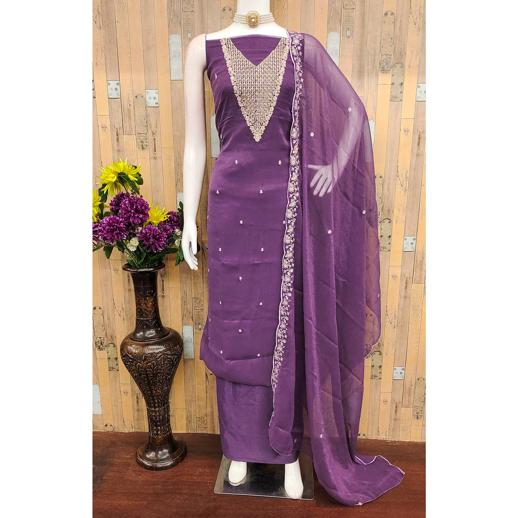 Lavender Party Wear Shimmer Dress Material with Floral Embellishment