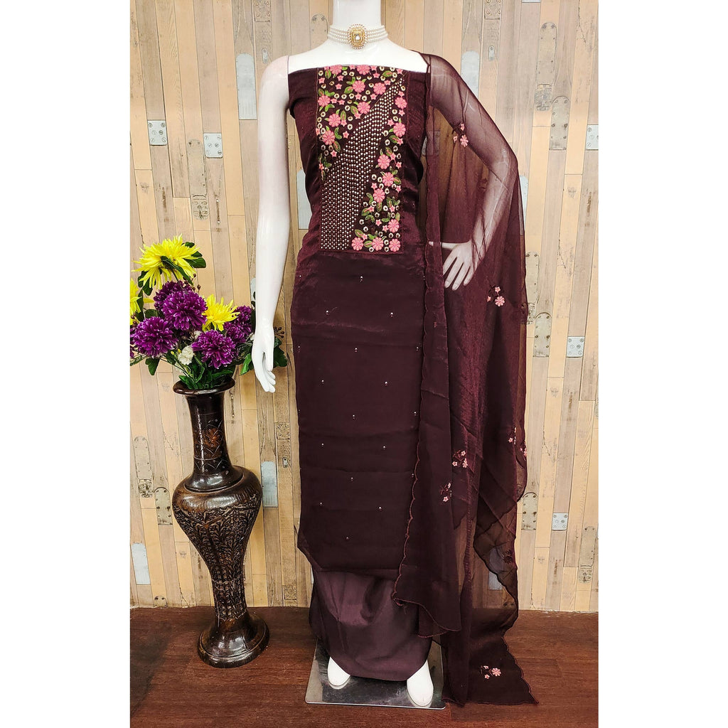 Coffee Brown Unstitched Shimmer Dress Material with Stylish Floral Embellishment