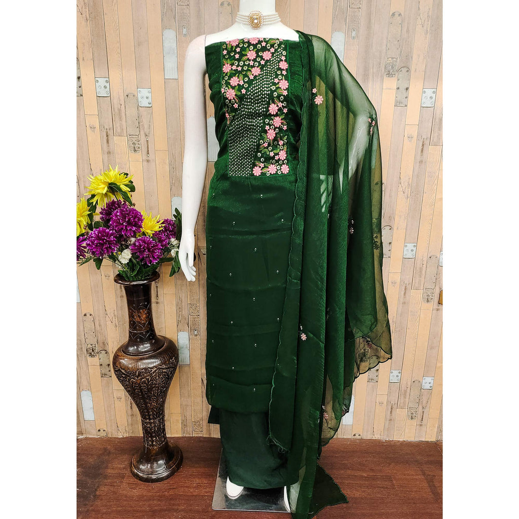 Green Unstitched Shimmer Dress Material with Stylish Floral Embellishment