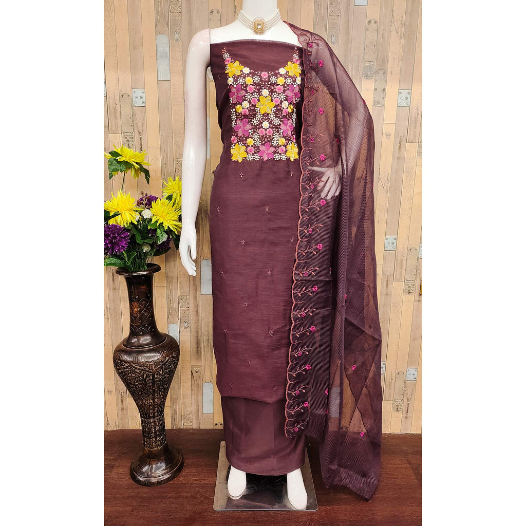 Brown Cotton Blend Unstitched Dress Fabric Featuring Delicate Floral Embroidery