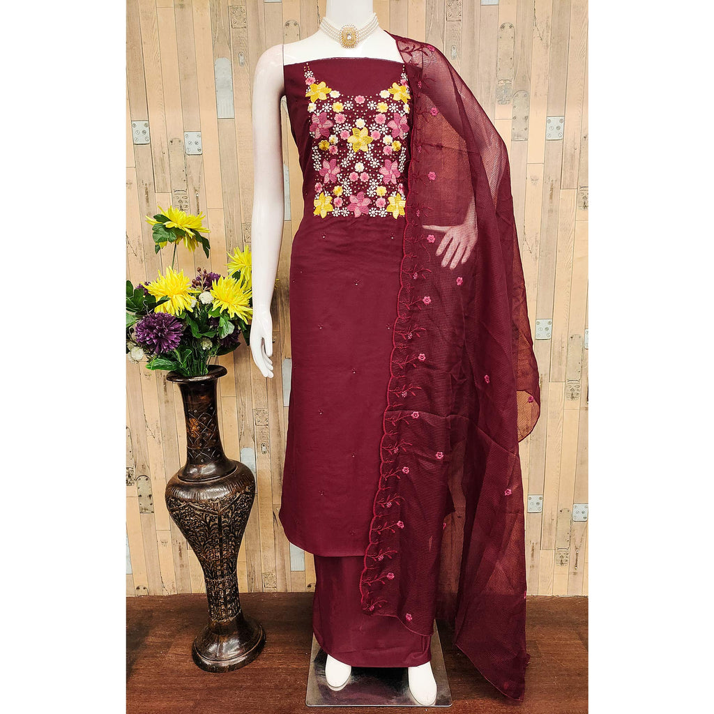 Maroon Cotton Blend Unstitched Dress Fabric Featuring Delicate Floral Embroidery