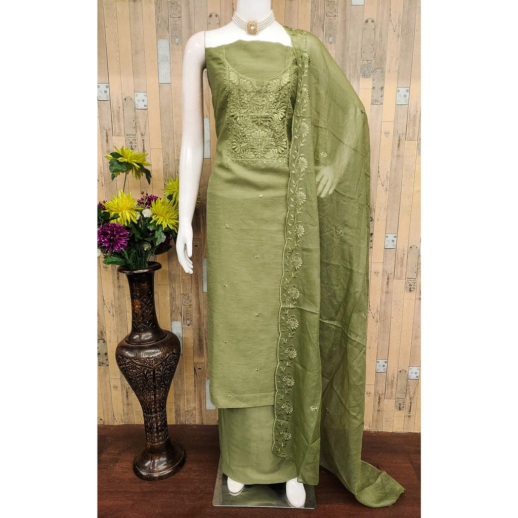 Festive Wear Green Floral Embroidered Unstitched Cotton Blend Dress Material