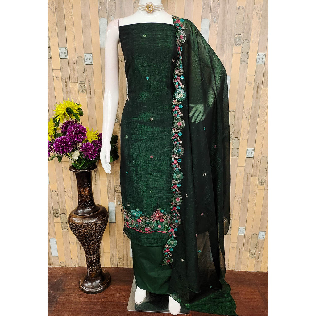 Festive Unstitched Green Cotton Blend Dress Material with Floral Embroidery