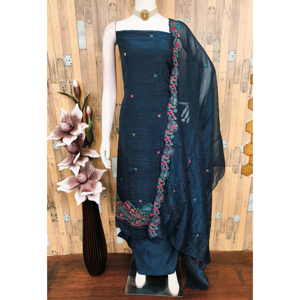 Festive Unstitched Morpich Blue Cotton Blend Dress Material with Floral Embroidery