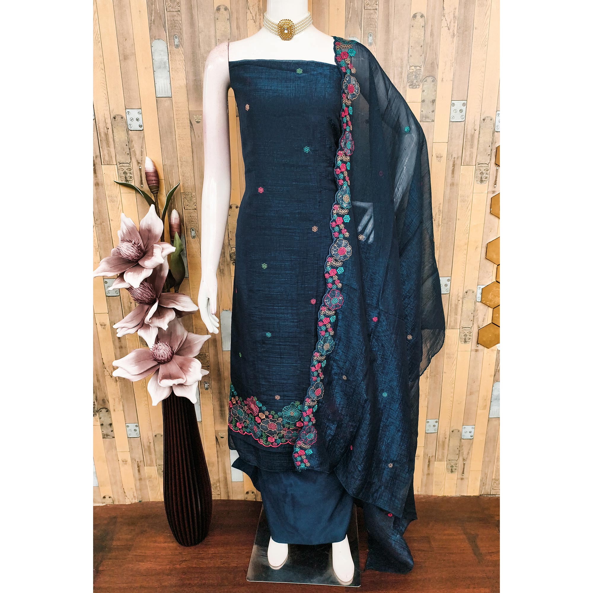 Festive Unstitched Morpich Blue Cotton Blend Dress Material with Floral Embroidery