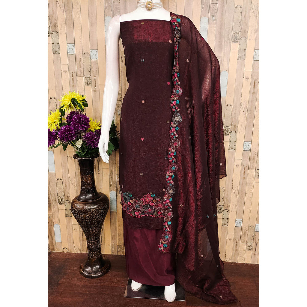 Festive Unstitched Wine Cotton Blend Dress Material with Floral Embroidery