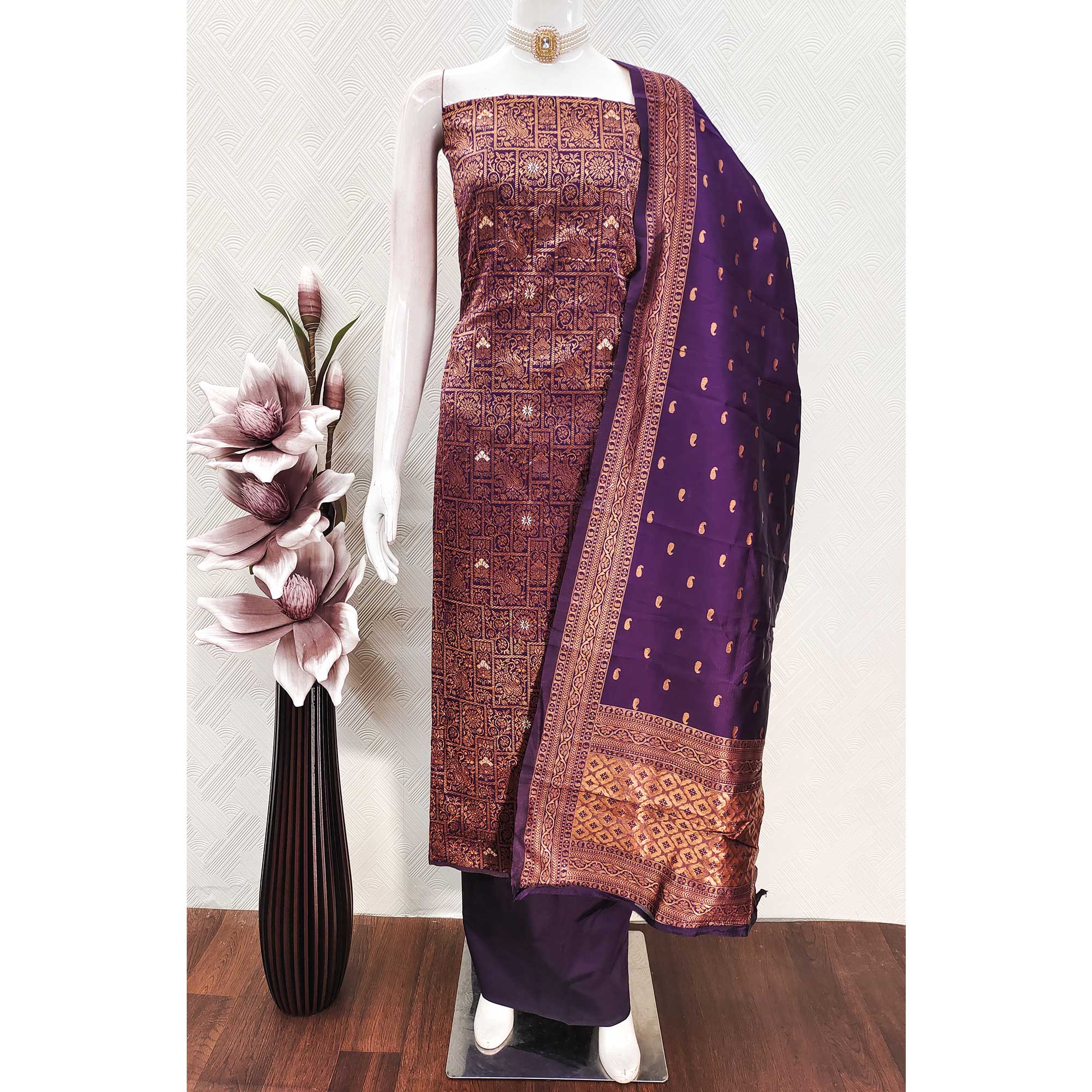 Dark Purple Banarasi Silk Dress Material With Heavy Zari Weaving