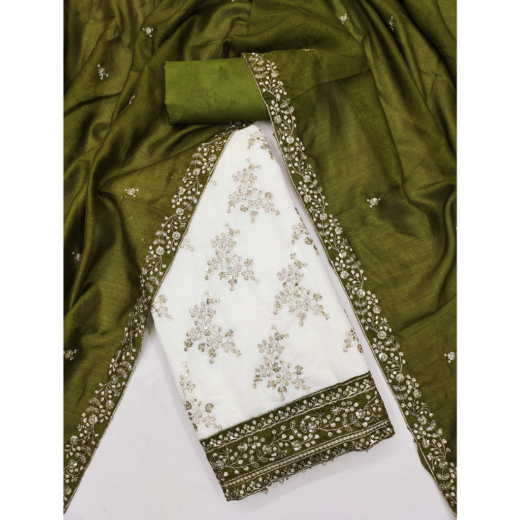 Green and Off White Vichitra Silk Fabric with Embroidered Detailing