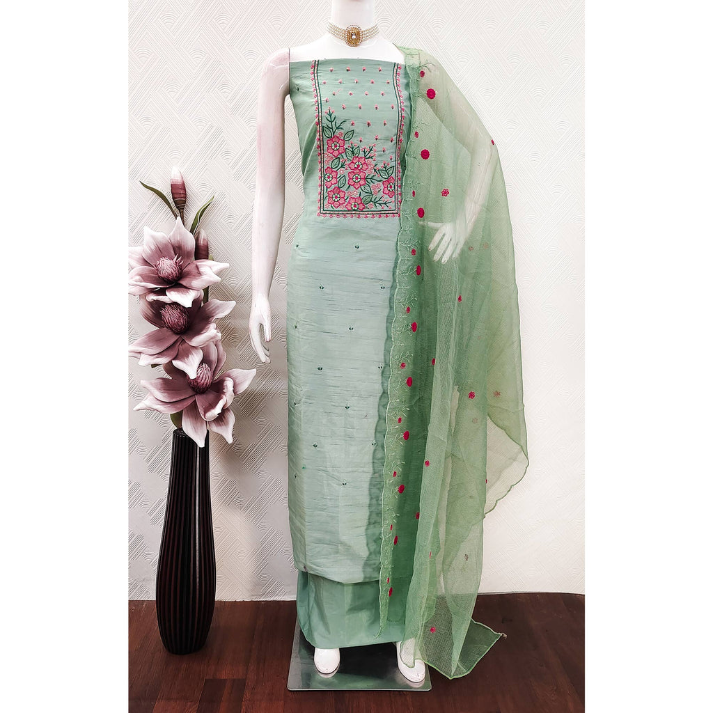 Green Cotton Blend Dress Material Featuring Delicate Floral Embroidery & Sequins Work