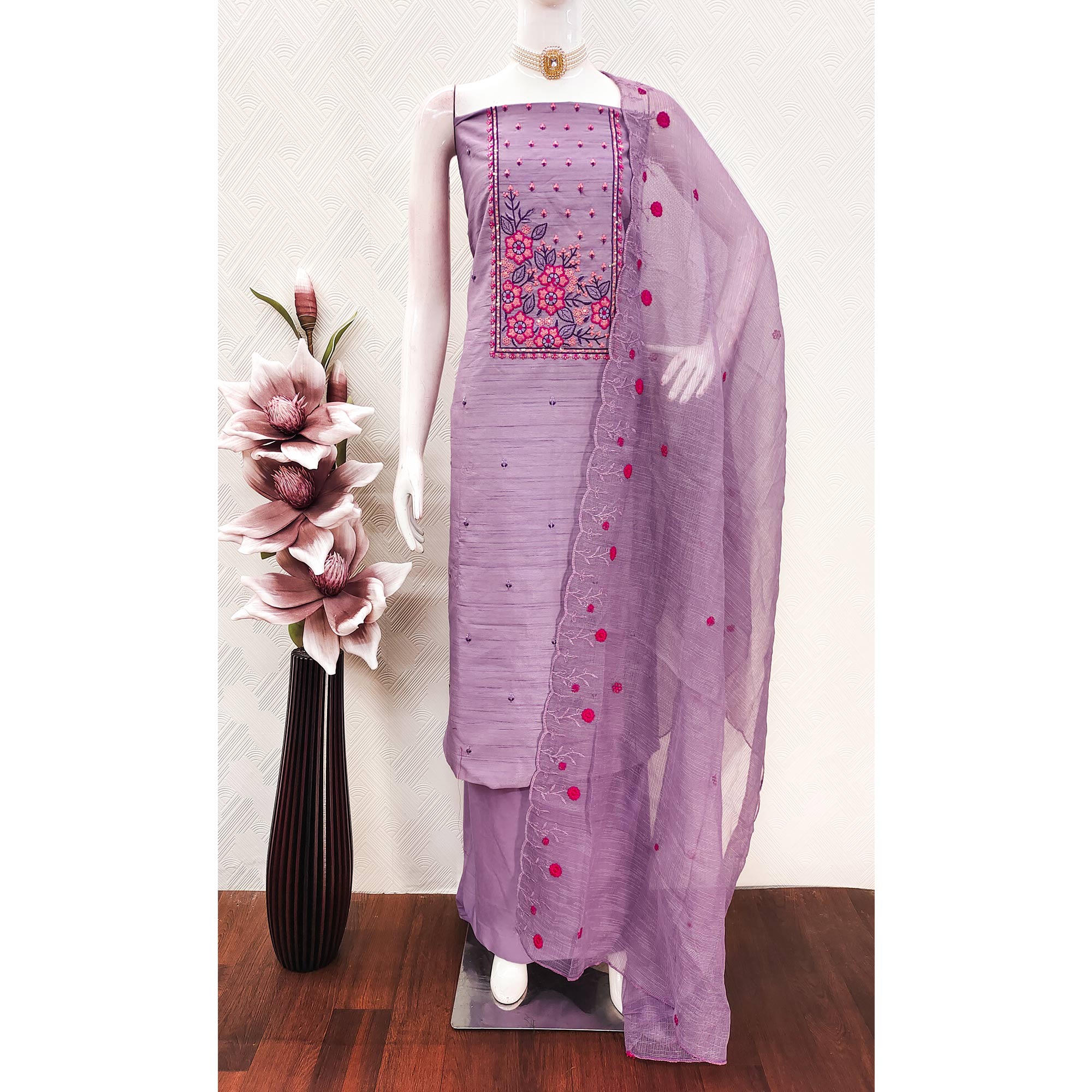 Lavender Cotton Blend Dress Material Featuring Delicate Floral Embroidery & Sequins Work
