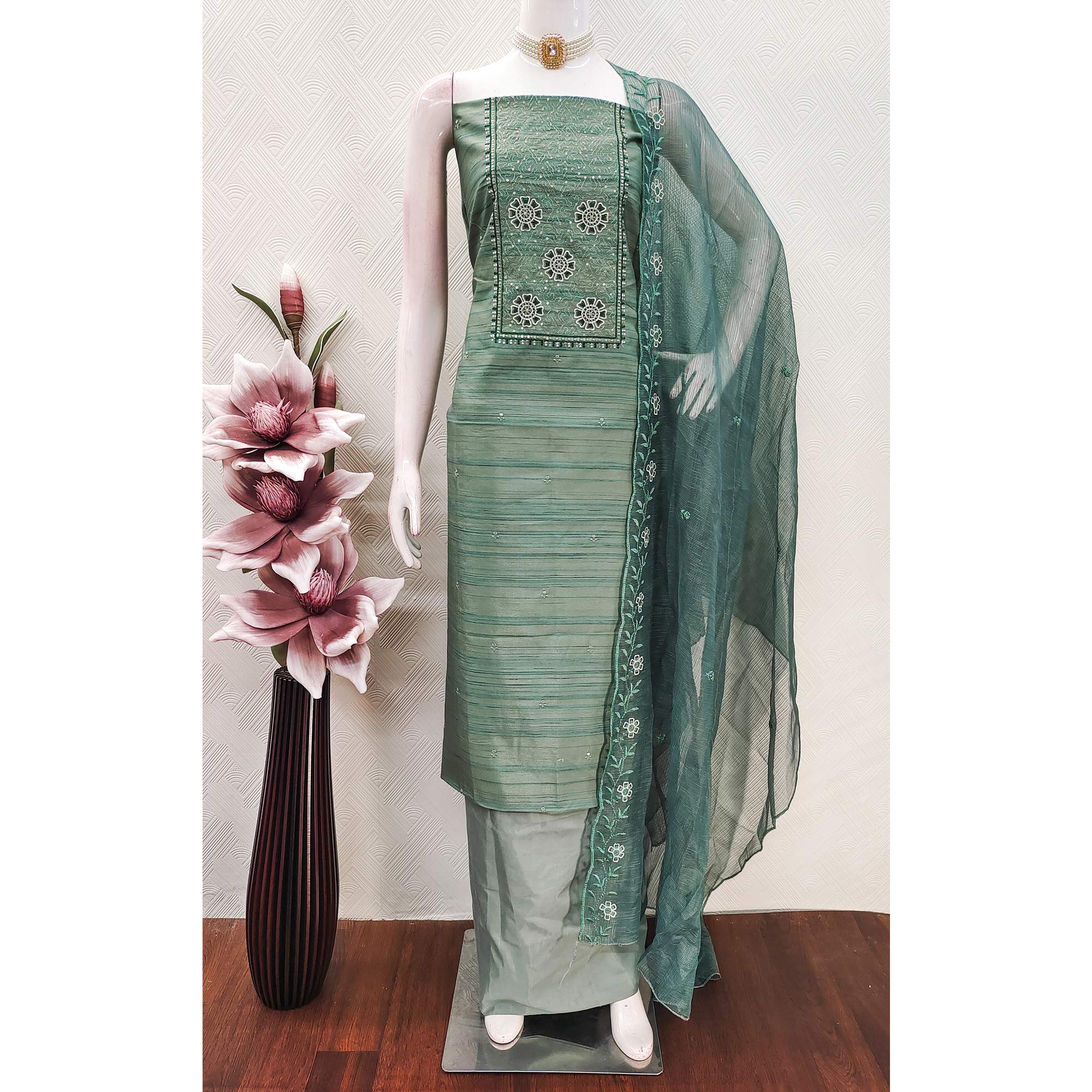 Green Elegance In Cotton Blend Dress Material With Floral Thread & Sequin Work