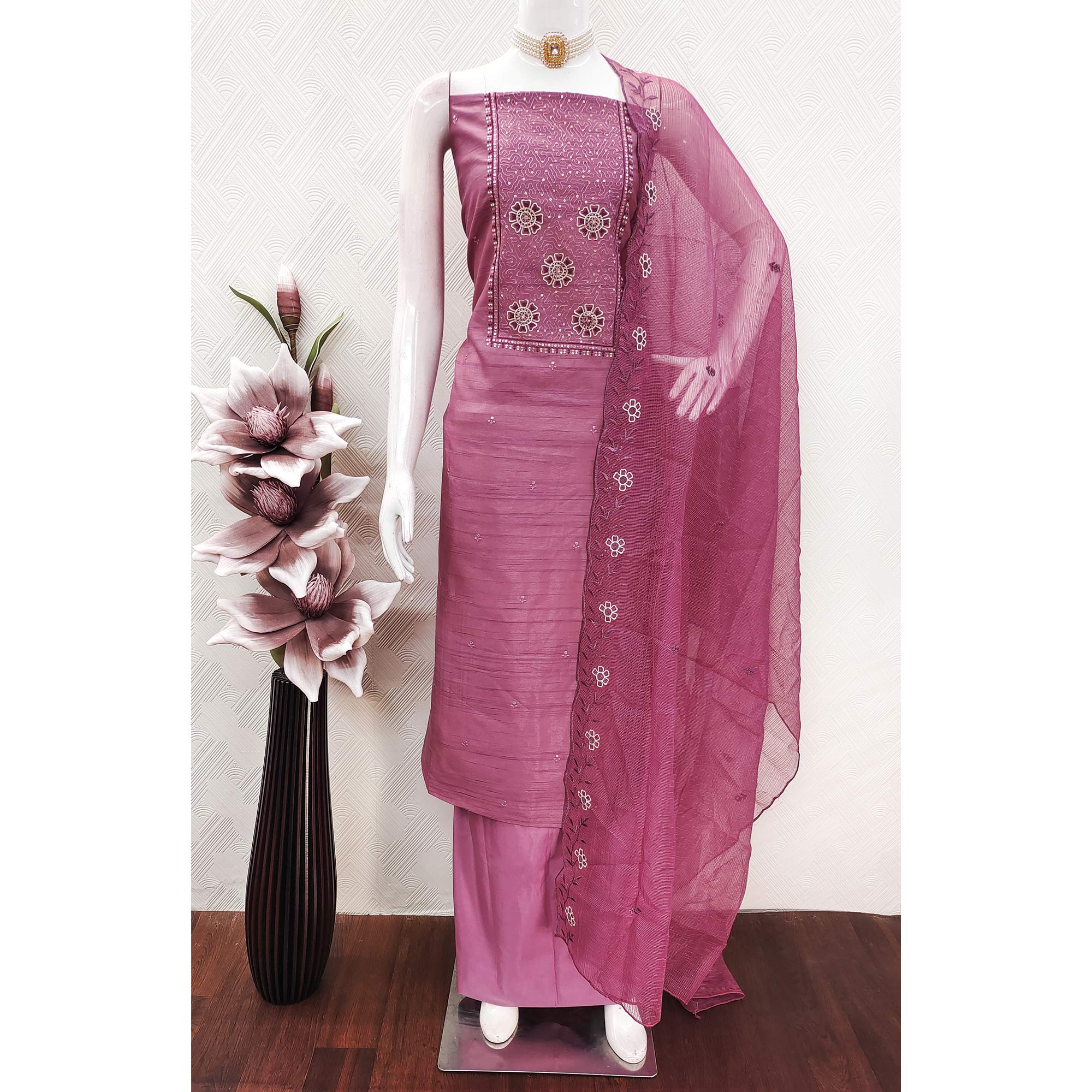 Pink Elegance In Cotton Blend Dress Material With Floral Thread & Sequin Work