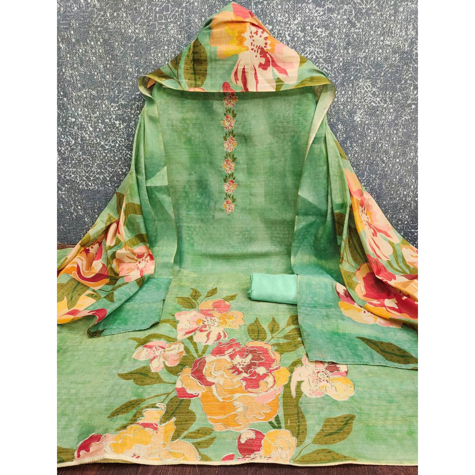 Green Silk Blend Dress Material With Floral Print Accents & Delicate Thread Embroidery