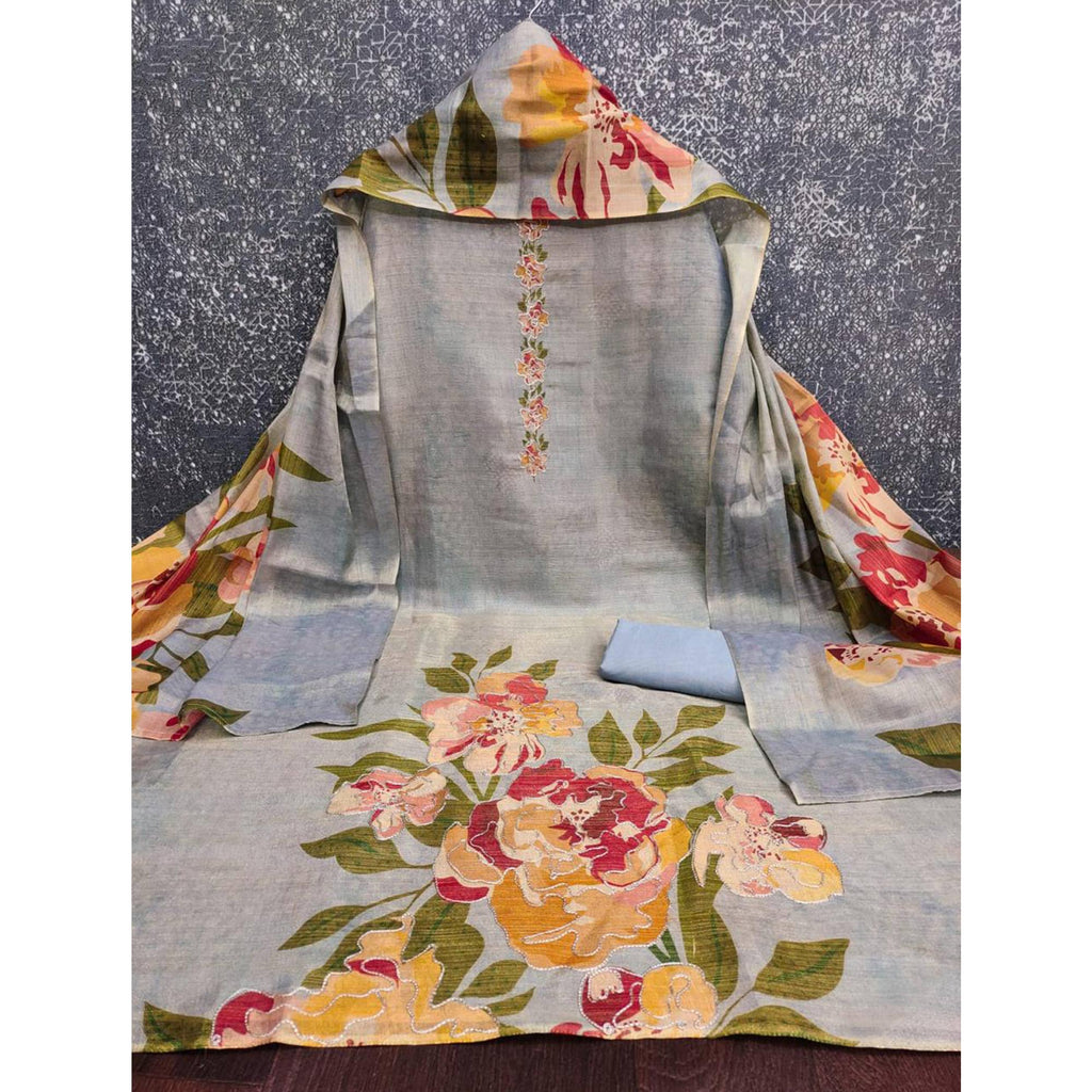 Grey Silk Blend Dress Material With Floral Print Accents & Delicate Thread Embroidery