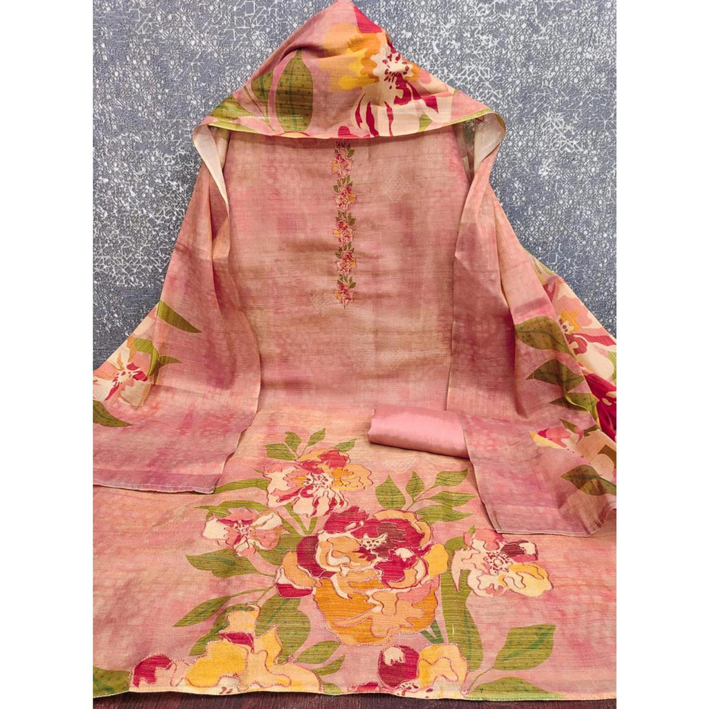 Pink Silk Blend Dress Material With Floral Print Accents & Delicate Thread Embroidery