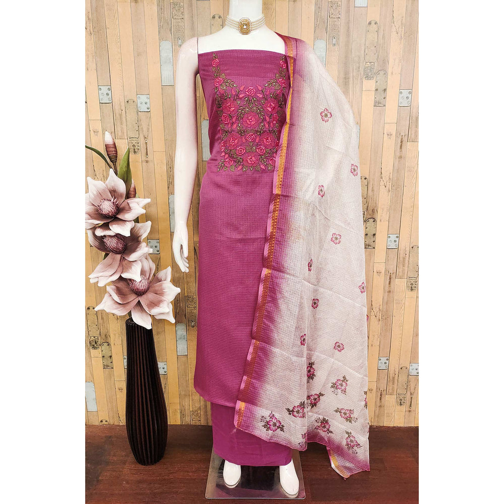 Magenta  Kota Doria Dress Material Adorned With Delicate Floral Sequins Embroidery Work