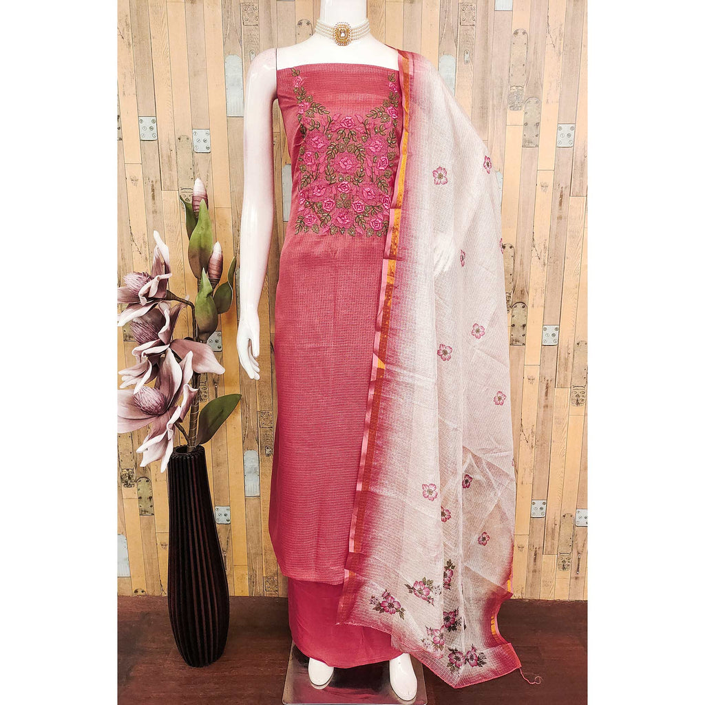 Pink Kota Doria Dress Material Adorned With Delicate Floral Sequins Embroidery Work