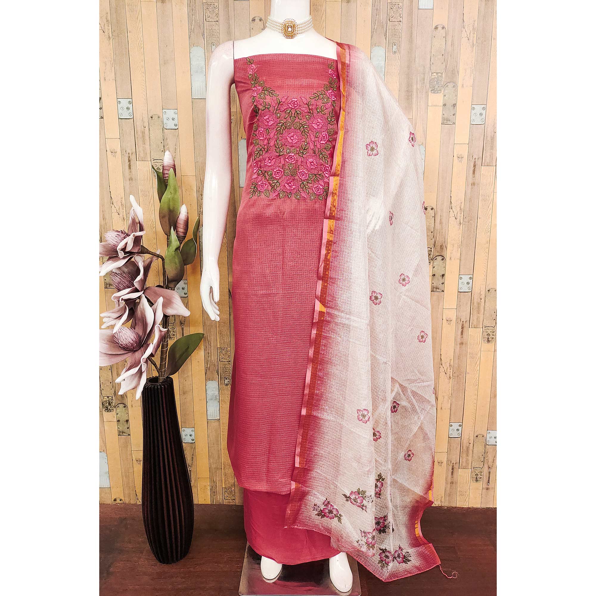 Pink Kota Doria Dress Material Adorned With Delicate Floral Sequins Embroidery Work