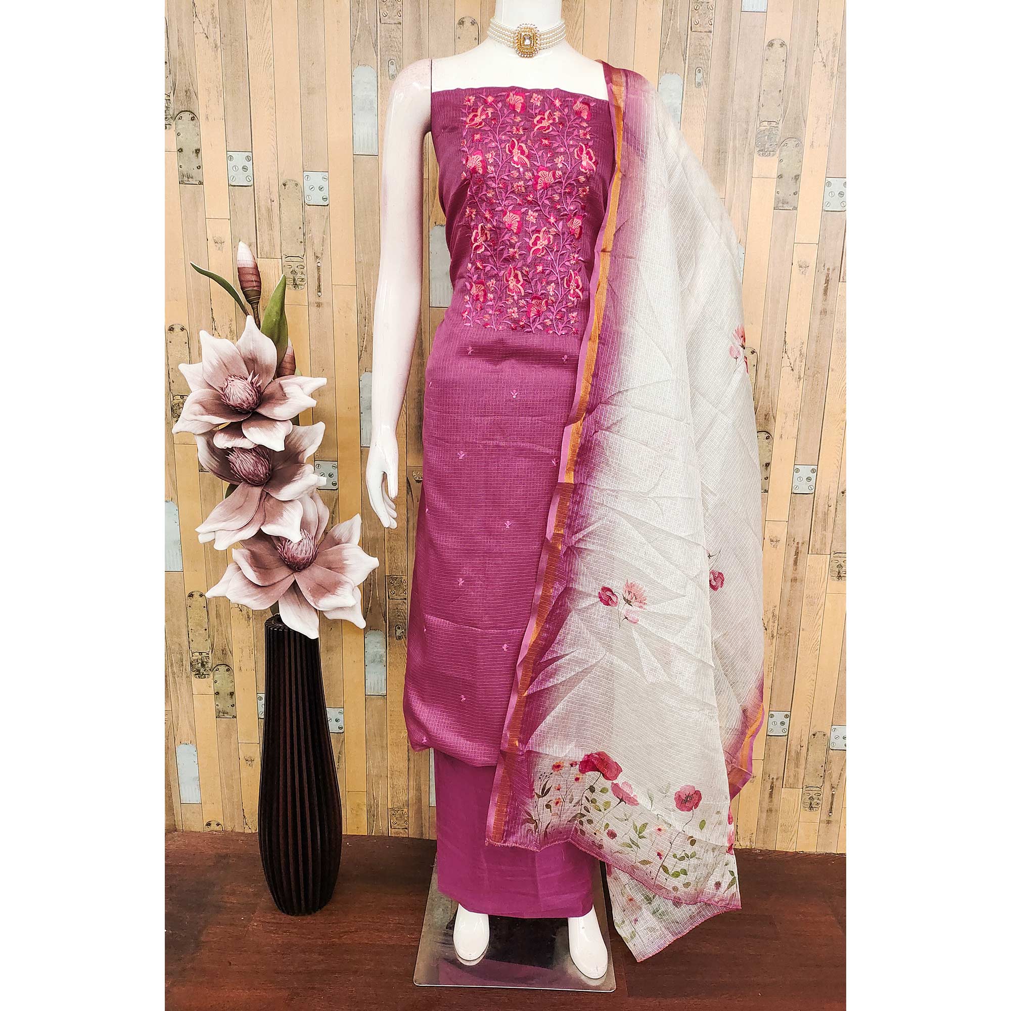 Magenta  Kota Doria Dress Material With Intricate Floral Motifs & Sparkling Sequins Embroidery