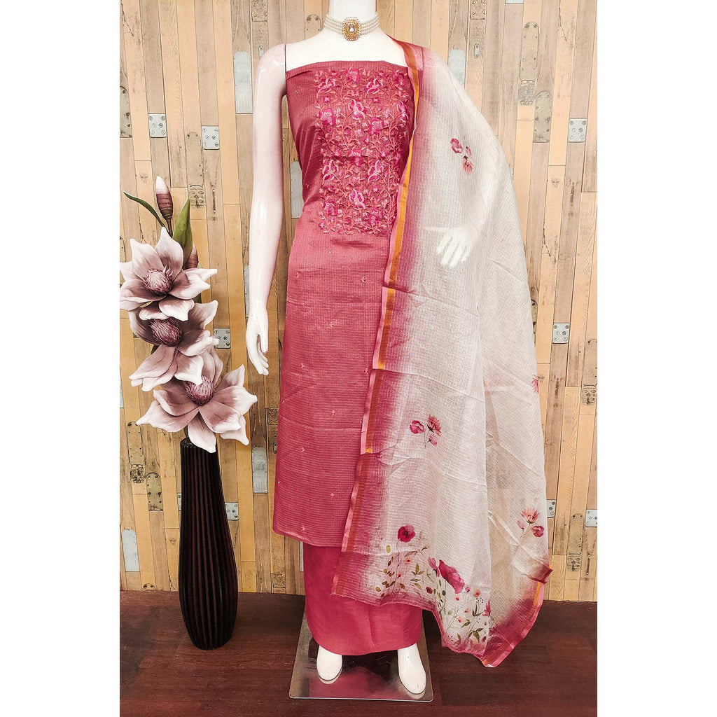 Pink Kota Doria Dress Material With Intricate Floral Motifs & Sparkling Sequins Embroidery