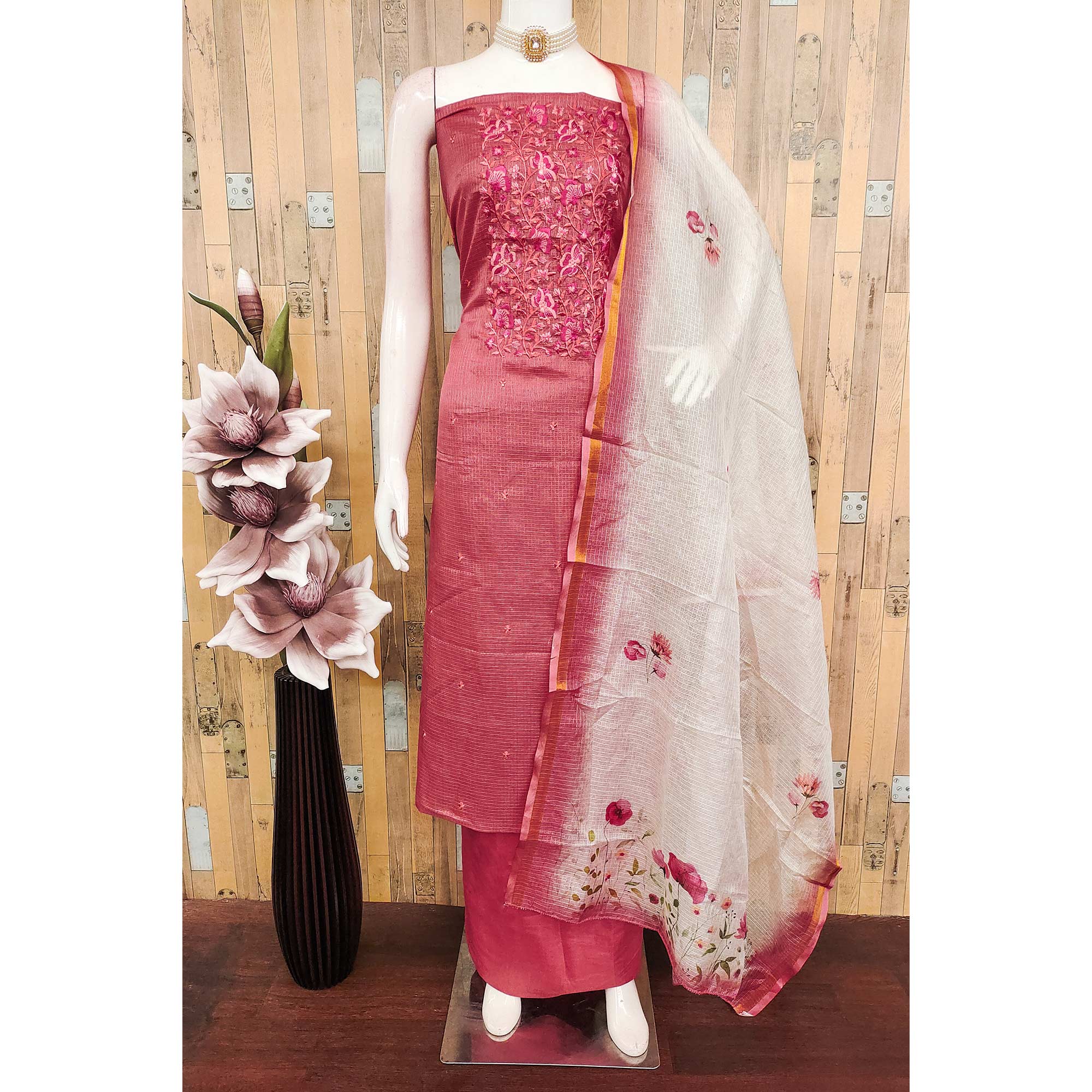 Pink Kota Doria Dress Material With Intricate Floral Motifs & Sparkling Sequins Embroidery