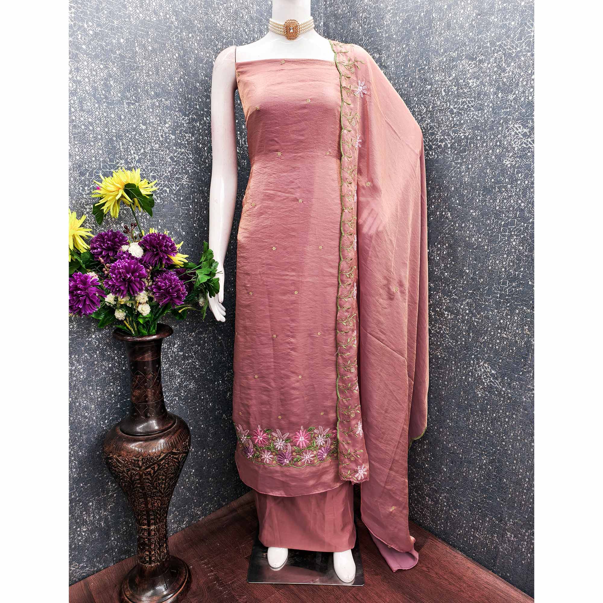 Designer Dusty Rose Pink Satin Silk Dress Material with Fine Floral Embroidery