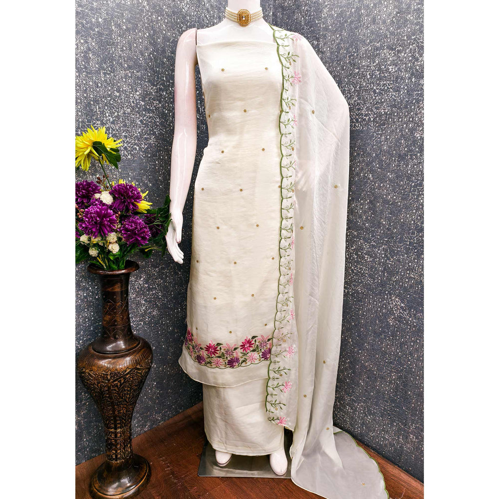 Designer Off White Satin Silk Dress Material with Fine Floral Embroidery